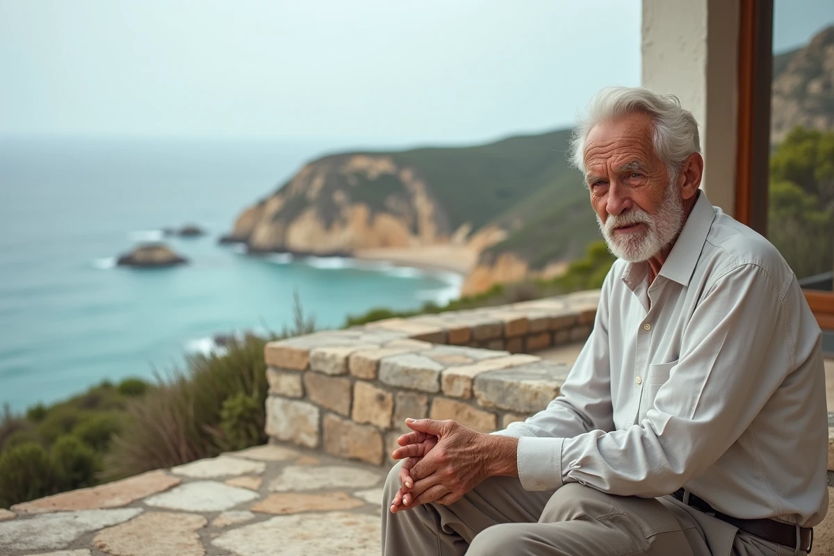 Homme âgé regardant la mer depuis la terrasse