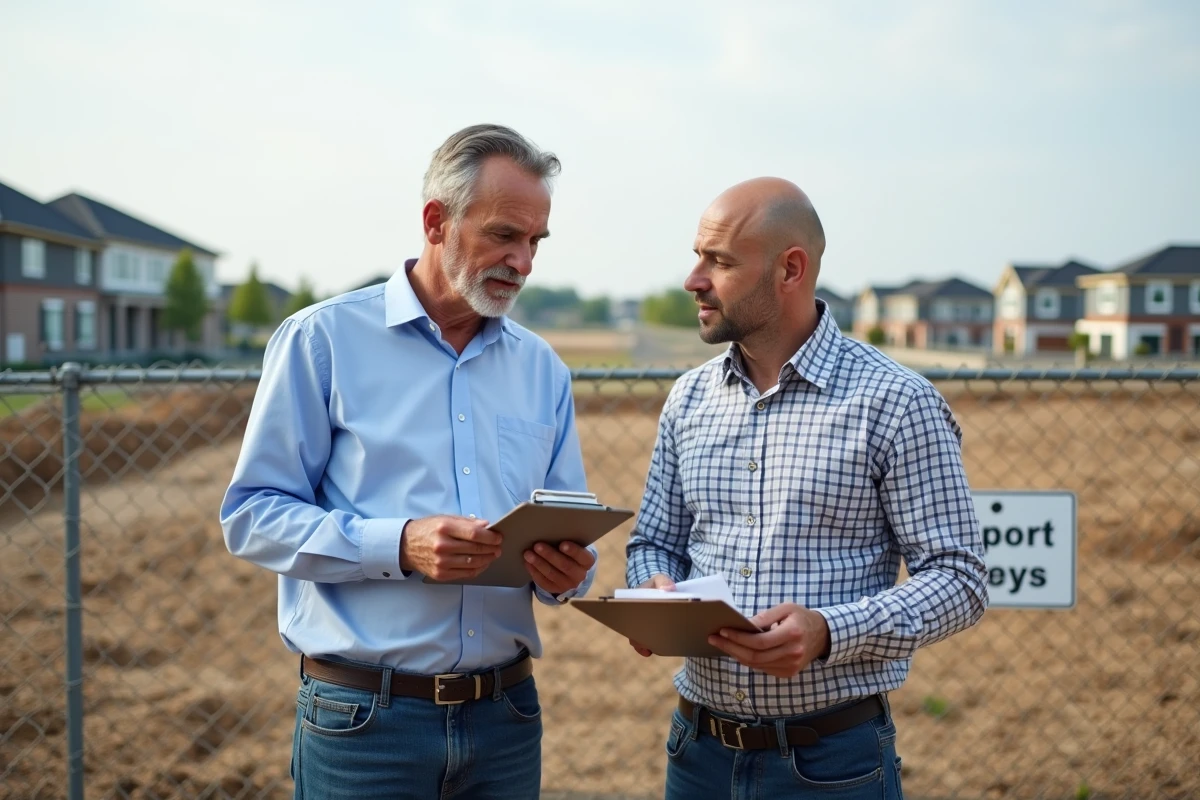 Deux hommes évaluent des terrains en extérieur près d