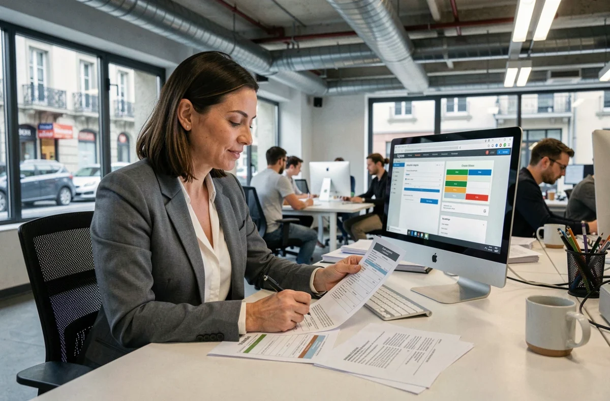 Courtière en travaux illico travaux Lyon comparant des devis de rénovation dans un bureau professionnel moderne