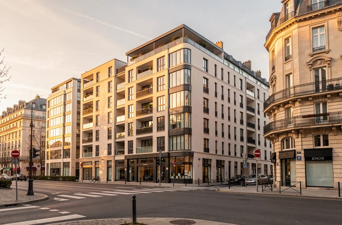 Immeubles d'habitation et de bureaux dans une ville française au soleil couchant