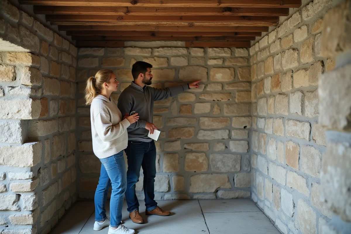 Couple inspectant des fissures dans les murs en pierre intérieurs d'une vieille maison bretonne lors d'une visite immobilière