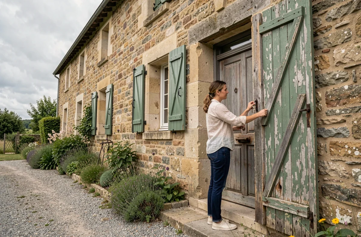 Une femme inspecte la façade d'une maison en pierre à louer entre particuliers dans le département 43