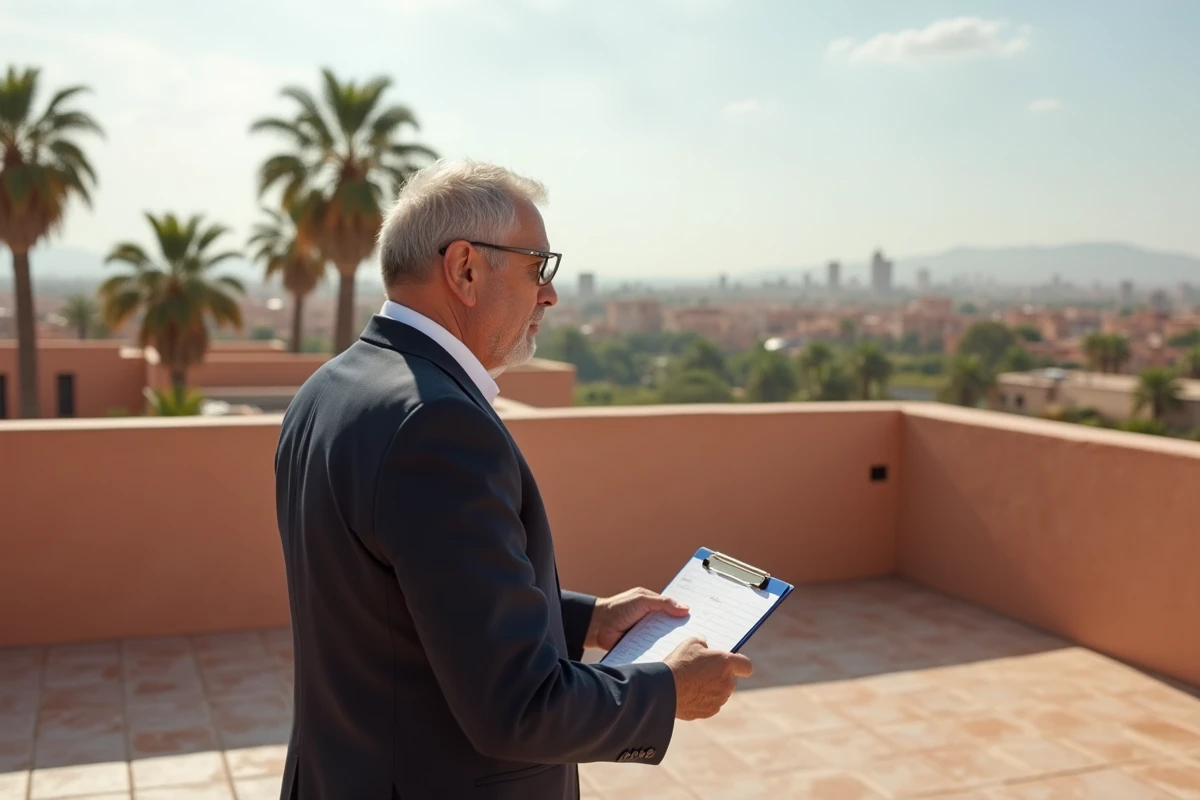 Homme d affaires inspecte terrasse d un immeuble en construction