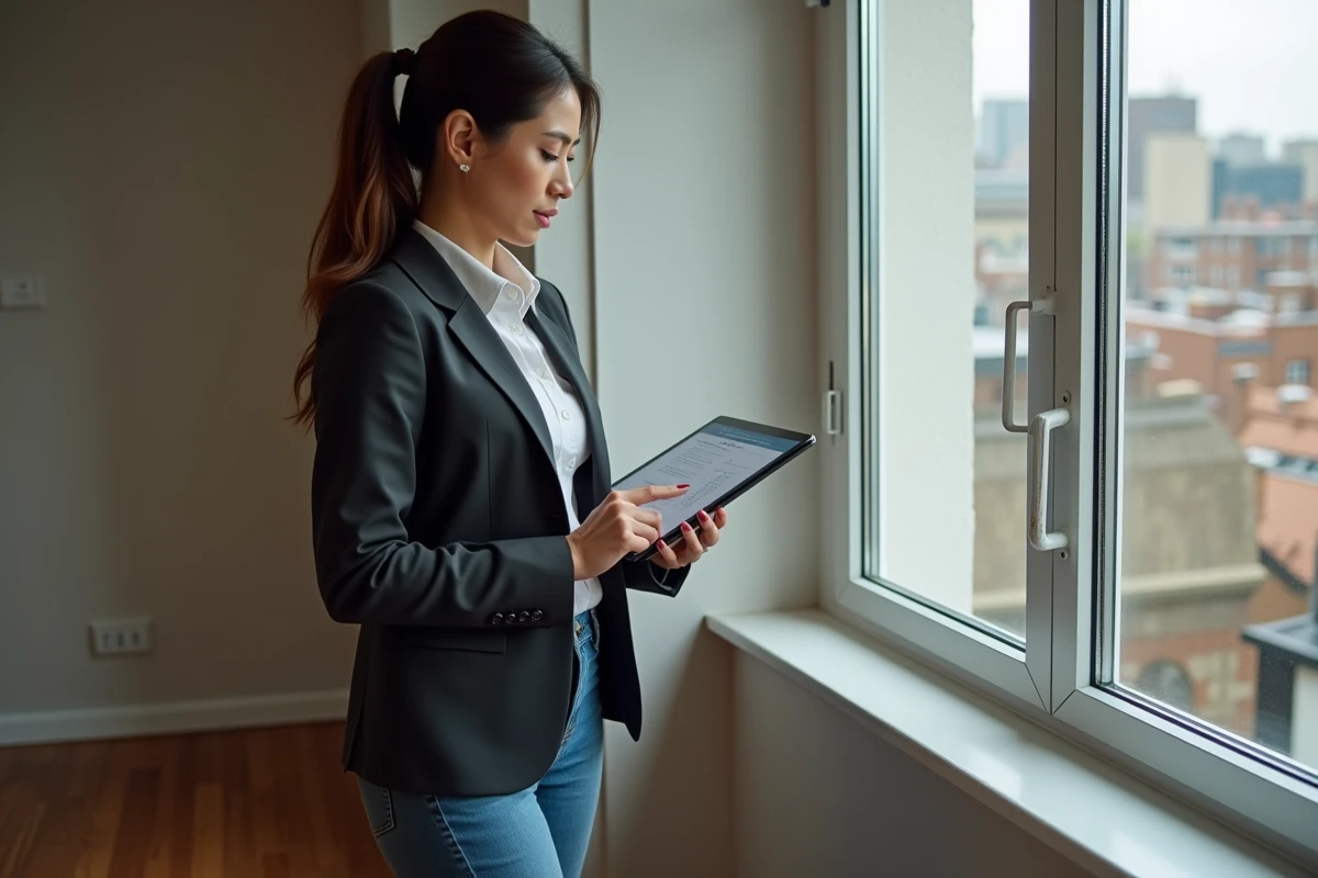 Inspectrice immobiliere examine plans dans un appartement