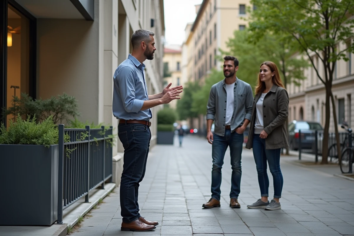 Homme discutant avec un couple devant un immeuble lyonnais