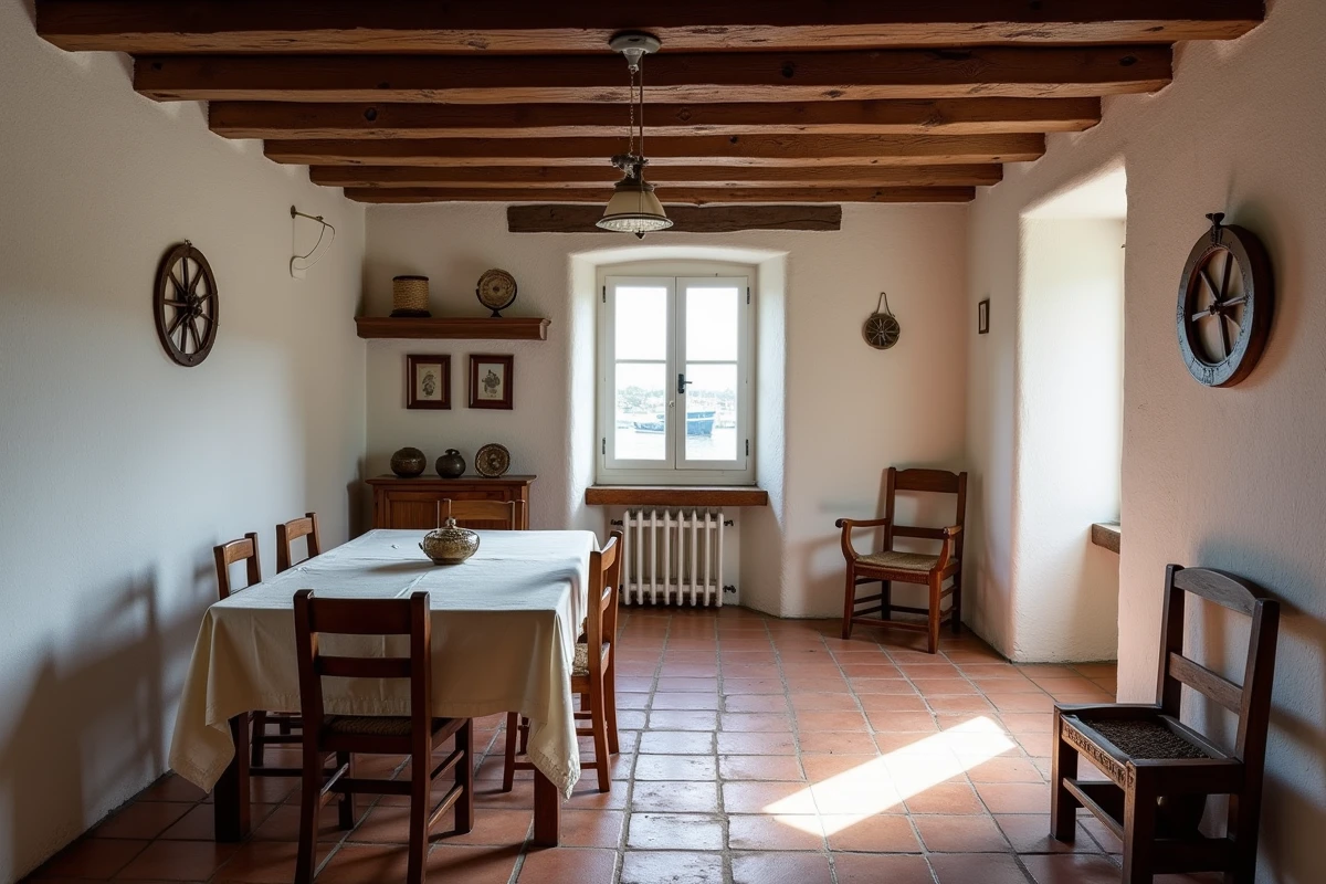 Intérieur authentique d'une maison de pêcheur avec poutres apparentes et tomettes anciennes