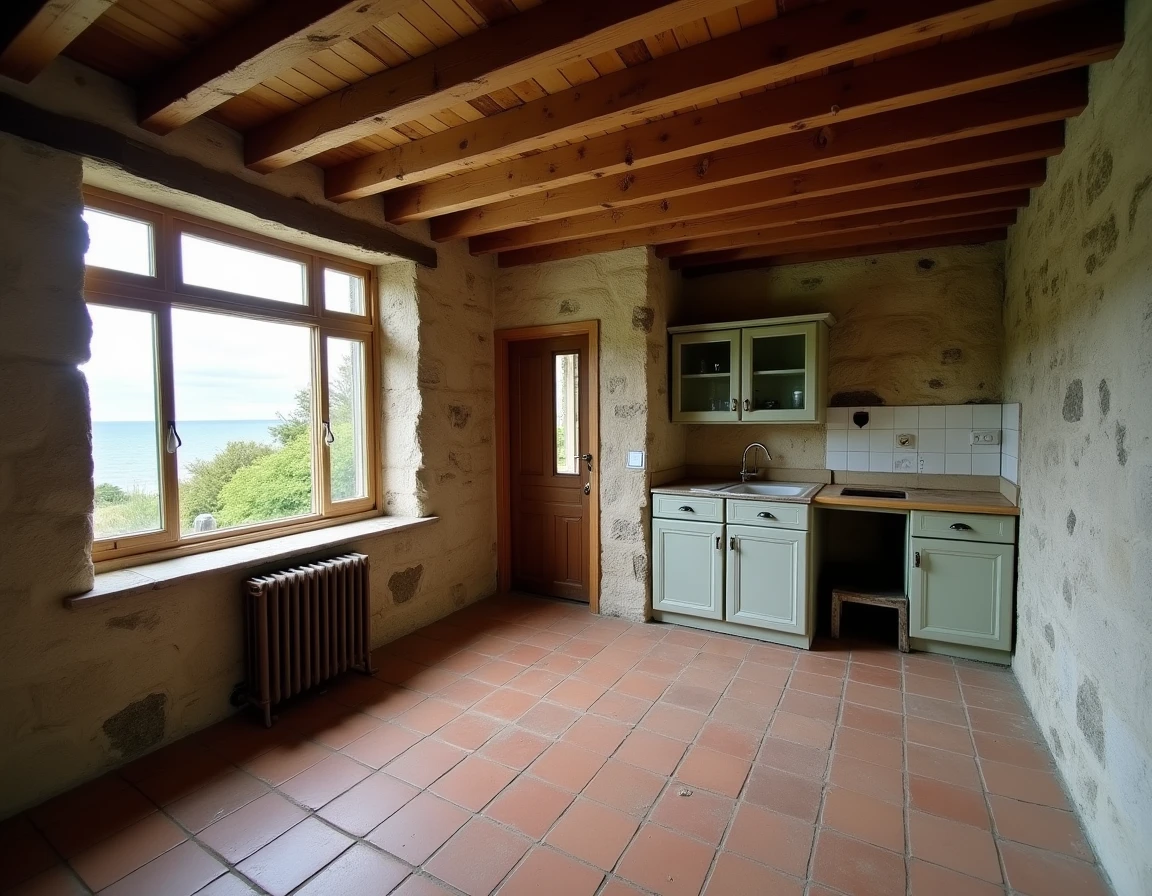 Intérieur d'une maison de pêcheur bretonne à rénover avec poutres apparentes, murs en pierre et tomettes au sol