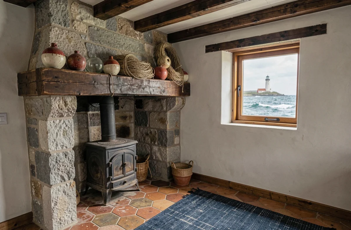Intérieur authentique d'une maison de pêcheur bretonne avec cheminée en pierre et vue mer à vendre