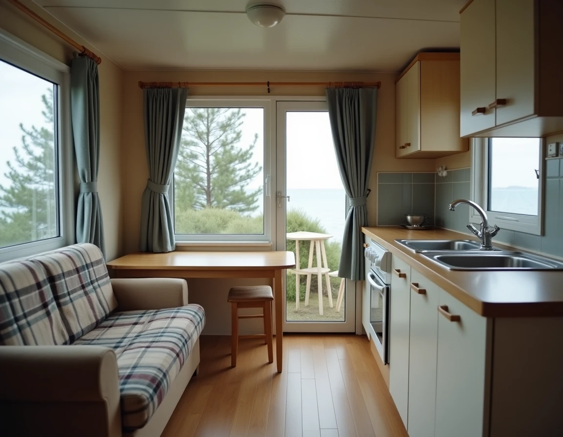 Intérieur d'un mobil-home d'occasion dans un camping en bord de mer ouvert à l'année avec vue sur mer