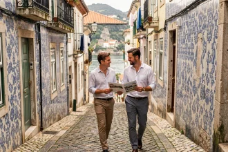 Couple consultant un document immobilier dans une ruelle pavée du quartier Ribeira à Porto, façades en azulejos bleus et blancs typiques