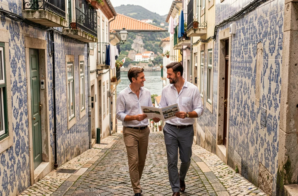 Couple consultant un document immobilier dans une ruelle pavée du quartier Ribeira à Porto, façades en azulejos bleus et blancs typiques