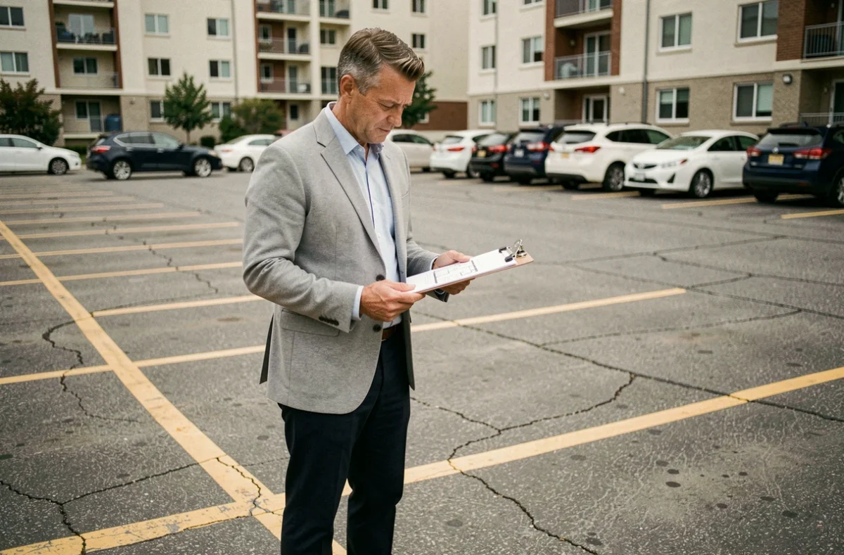 Investisseur immobilier évaluant les dimensions d'une place de parking en plein air, analyse de rentabilité locative