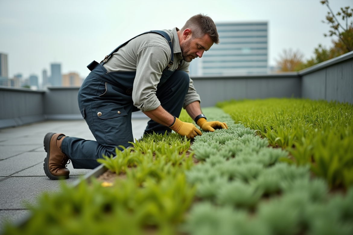 Homme jardinier en tenue de travail sur un toit vert