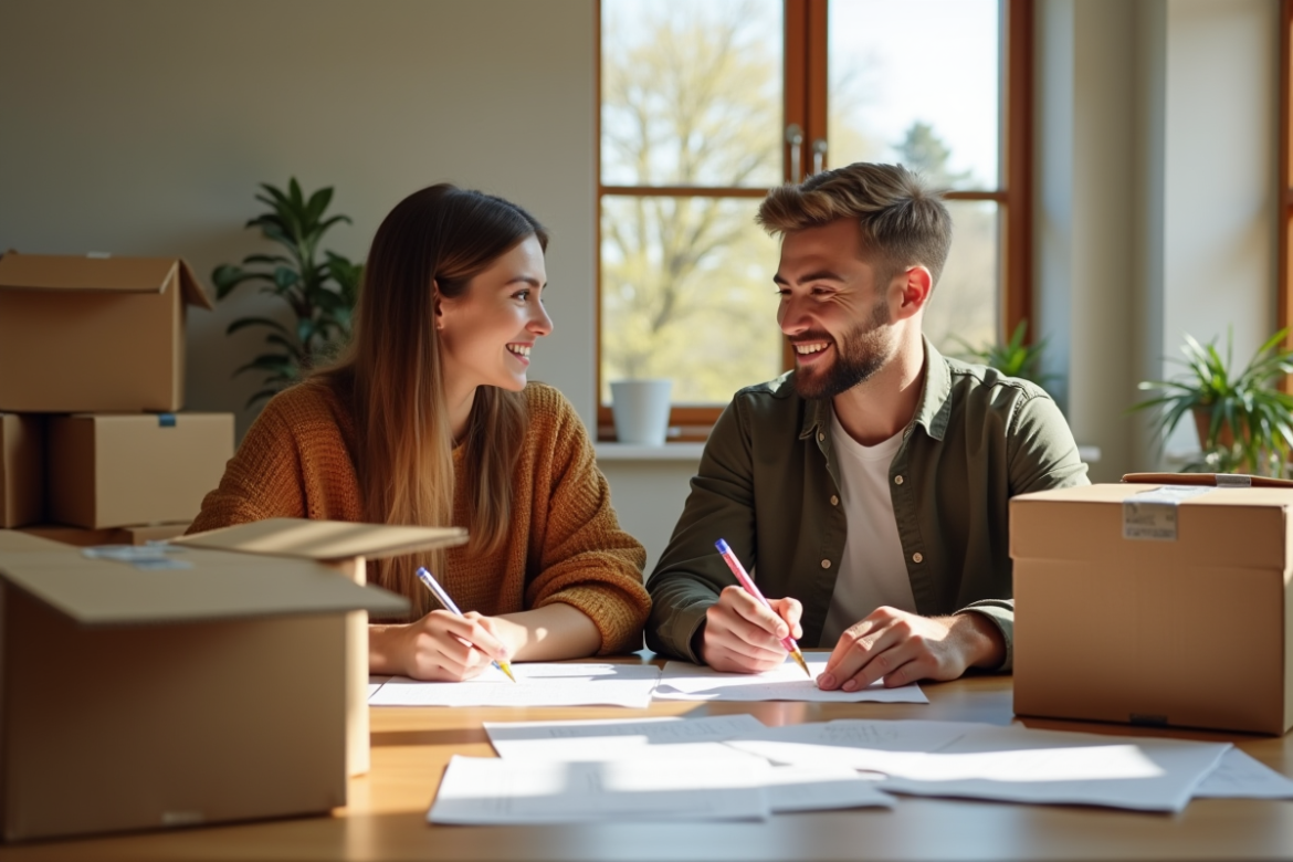 Jeune couple remplissant formulaire de changement d'adresse à la maison