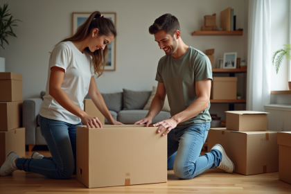 Jeune couple emballant des cartons dans un salon chaleureux