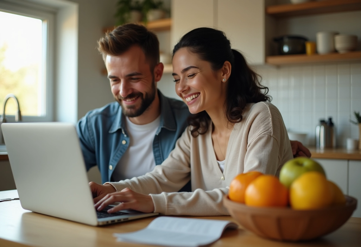 Jeune couple utilisant un calculateur de loyer dans une cuisine lumineuse