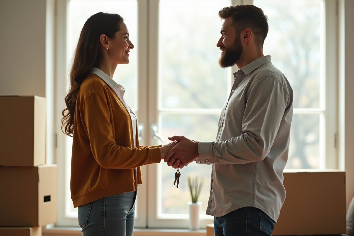 Jeune couple remettant les clés dans un appartement lumineux