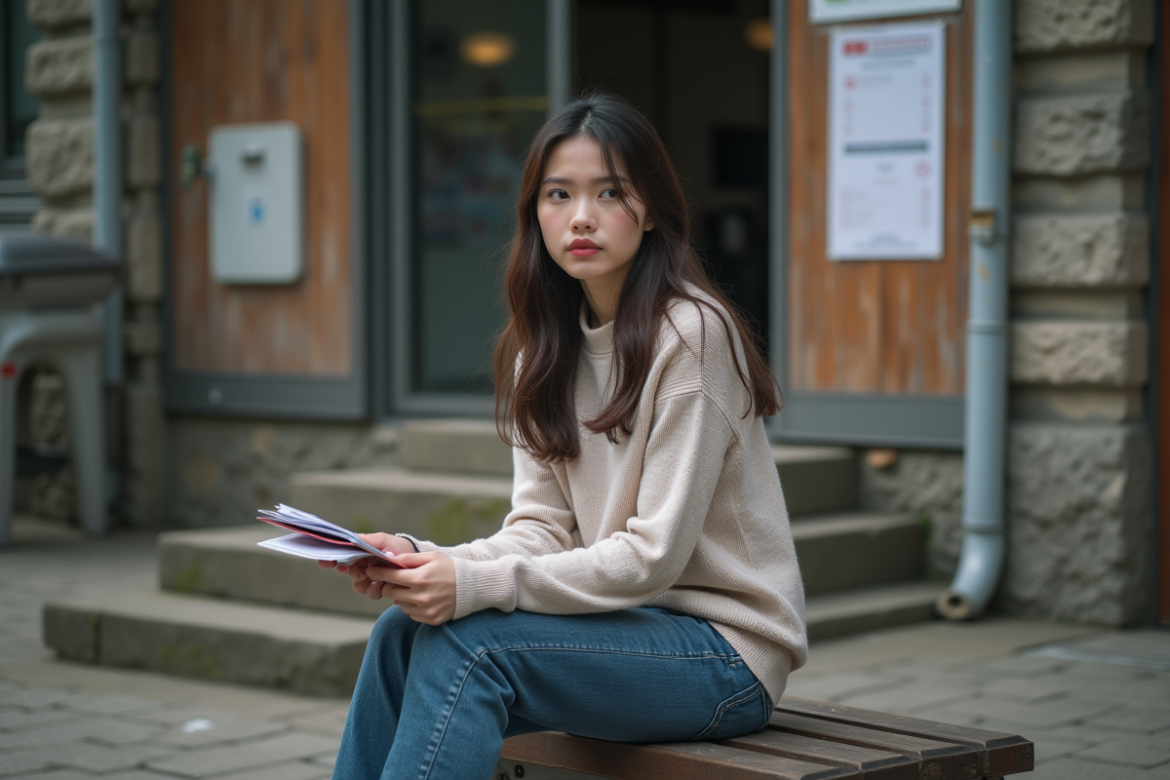 Jeune femme assise près d un bureau logement avec dossier