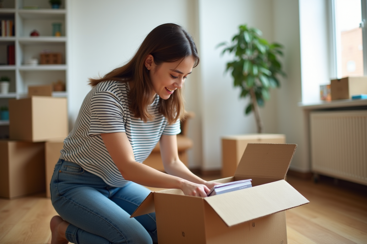 Jeune femme emballant des livres dans une boîte de déménagement