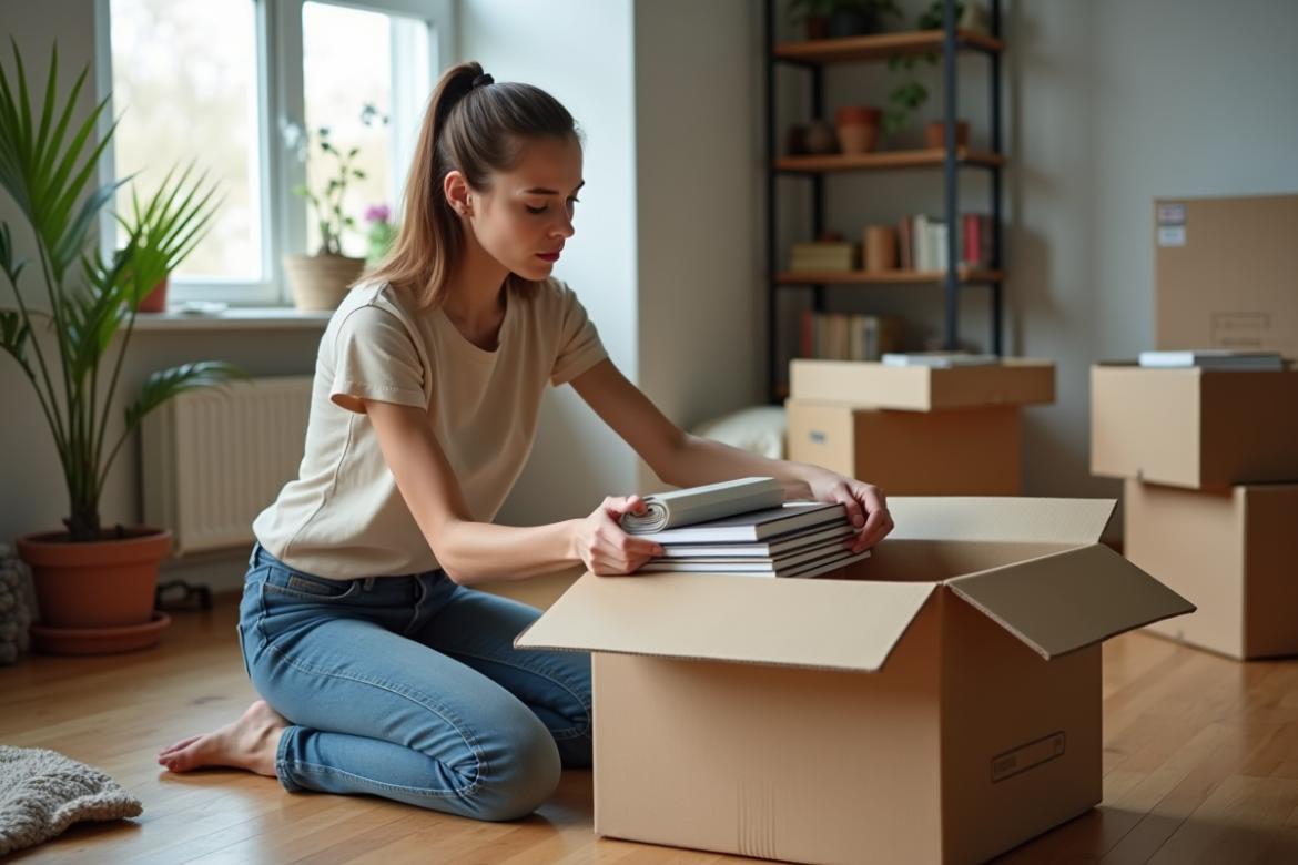 Jeune femme emballant des livres dans un appartement cosy
