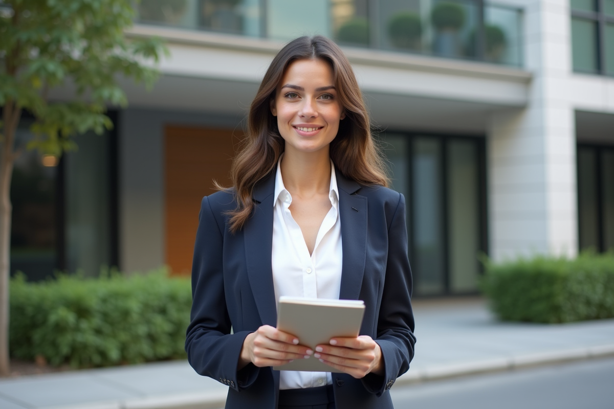 Jeune femme professionnelle tenant une brochure immobiliere devant un bâtiment moderne