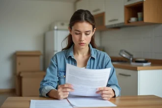 Jeune femme examine des papiers de location dans la cuisine