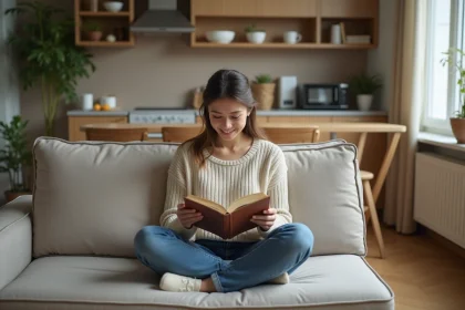 Jeune femme lisant dans un studio urbain cosy