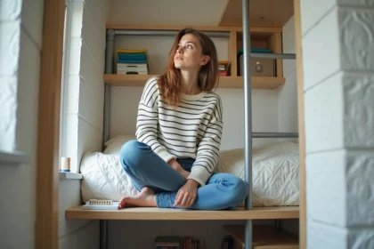Jeune femme assise sur un lit mezzanine dans une chambre organisée