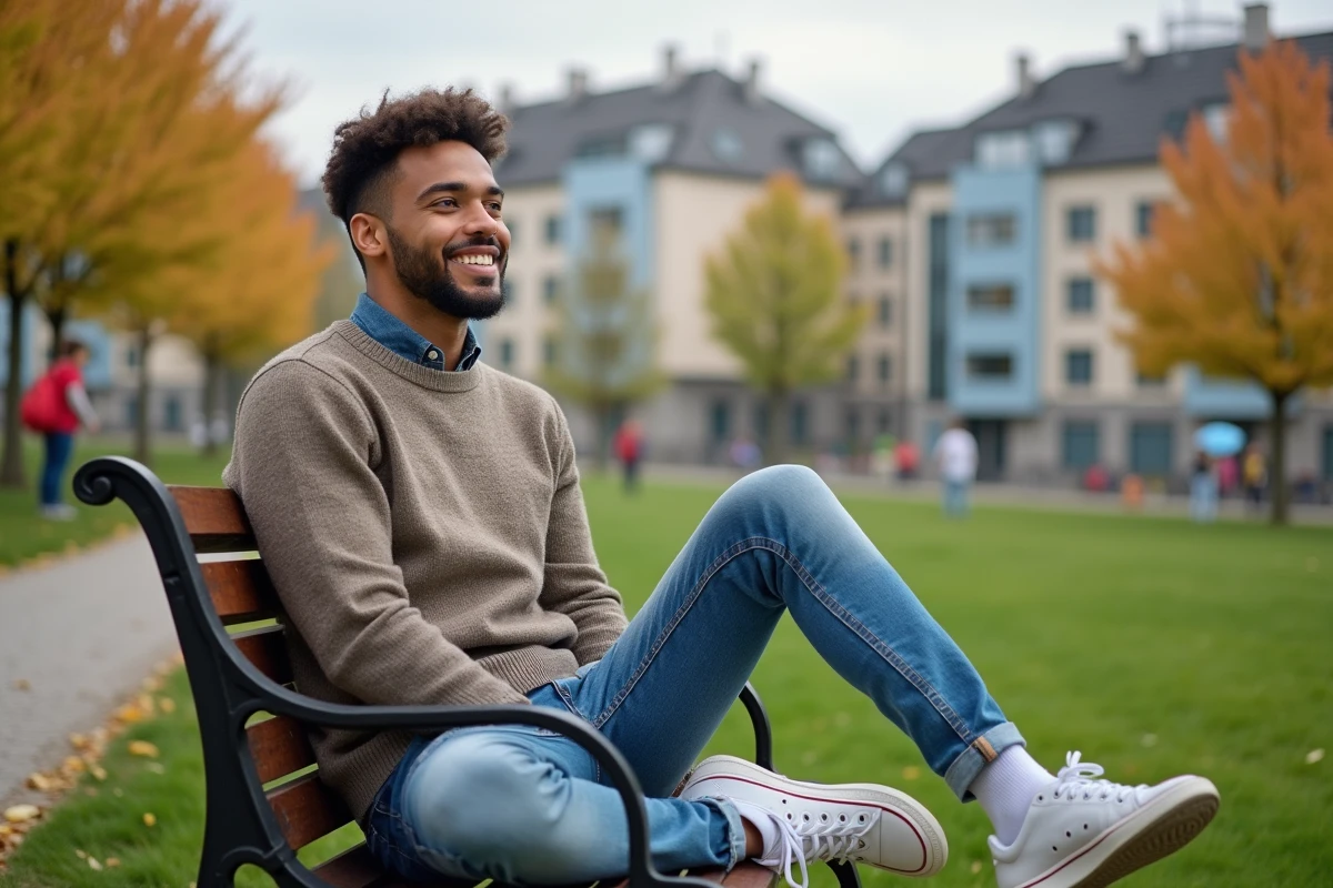 Jeune homme assis sur un banc dans un parc moderne en Île-de-France