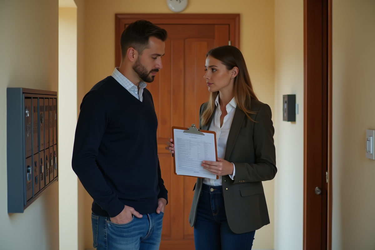 Jeune homme discutant avec un agent immobilier devant une porte d