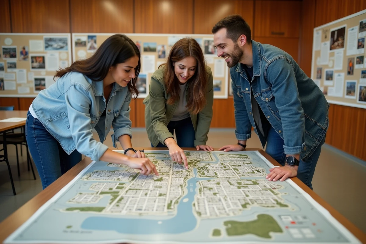 Jeunes examinant une carte de redevelopment urbain