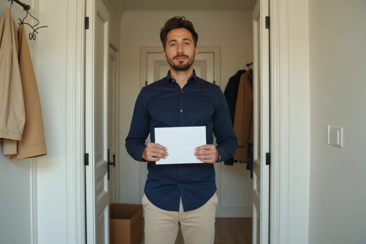 Locataire tenant une enveloppe de lettre de préavis devant la porte de son appartement avant de partir