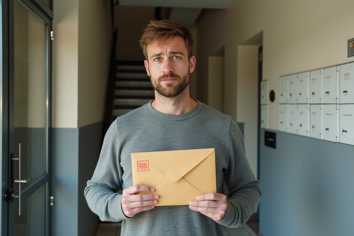 Locataire tenant une lettre recommandée de congé dans le couloir de son immeuble résidentiel