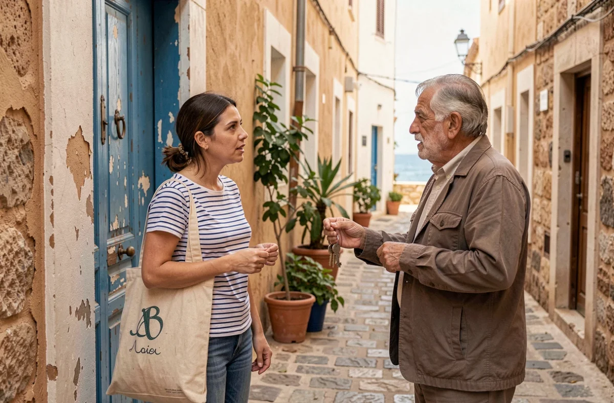 Locataire française discutant avec un propriétaire devant une porte de médina à Essaouira