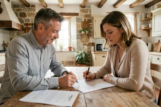 Deux particuliers examinent un contrat de location de maison autour d'une table en bois dans une maison en Haute-Loire
