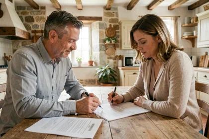 Deux particuliers examinent un contrat de location de maison autour d'une table en bois dans une maison en Haute-Loire