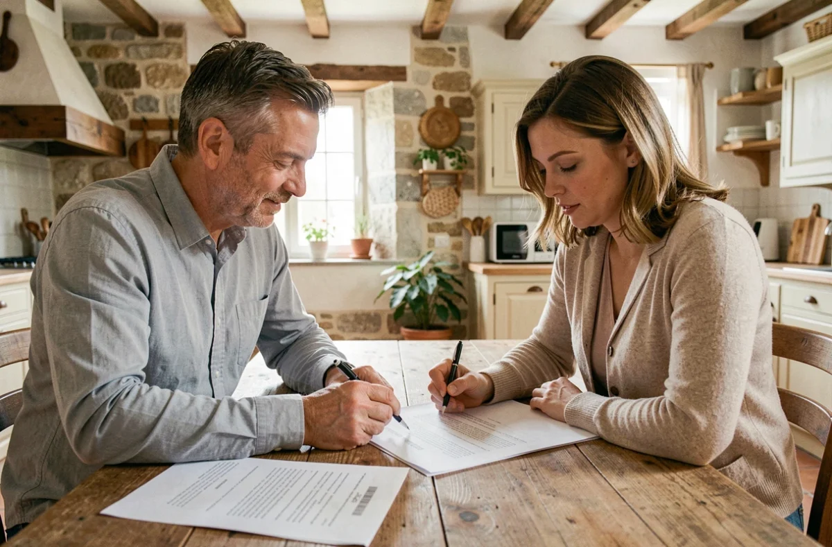 Deux particuliers examinent un contrat de location de maison autour d'une table en bois dans une maison en Haute-Loire