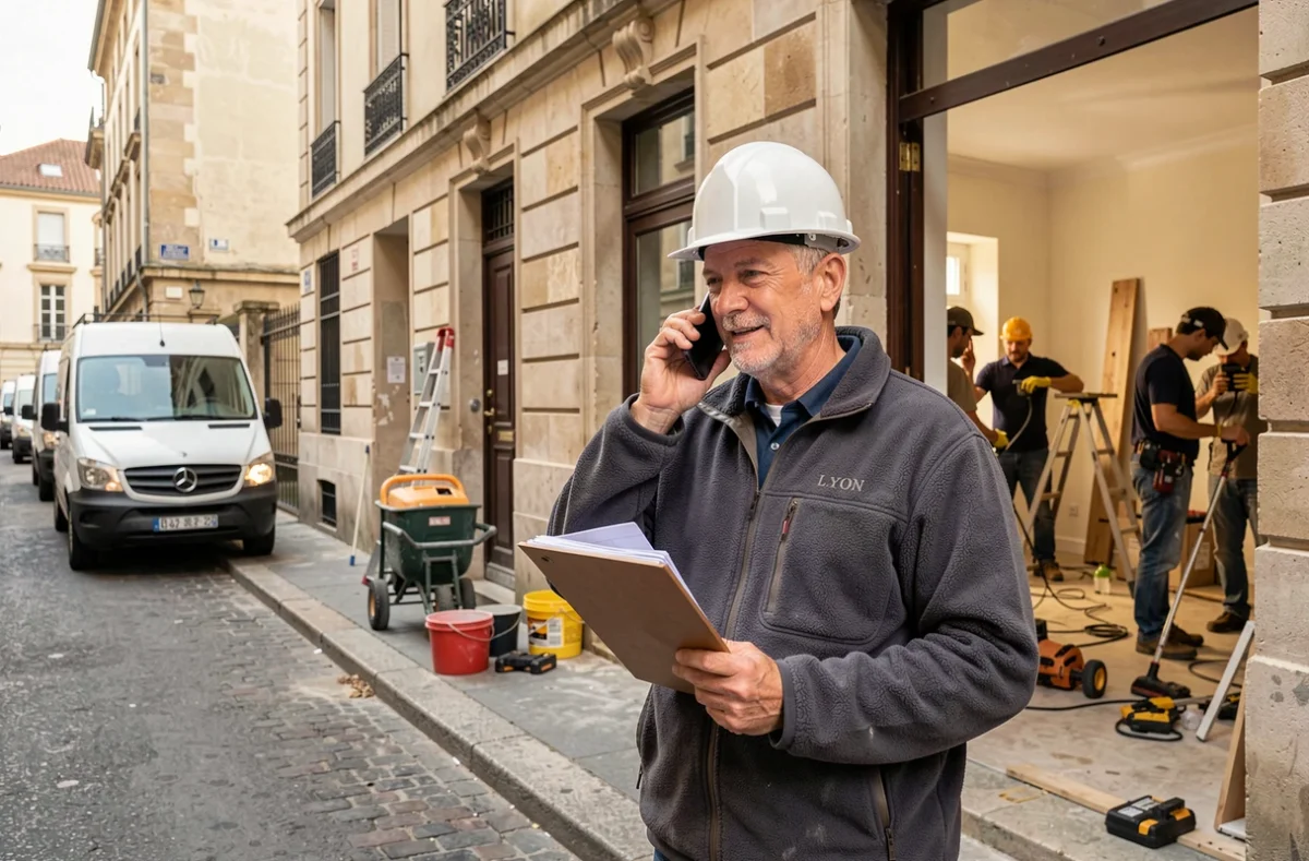 Coordinateur de La Maison des Travaux Lyon supervisant un chantier de rénovation dans une maison de ville lyonnaise