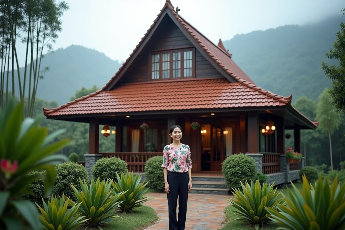 Maison de style Lanna à vendre à Chiang Mai entourée de bambous et de montagnes brumeuses