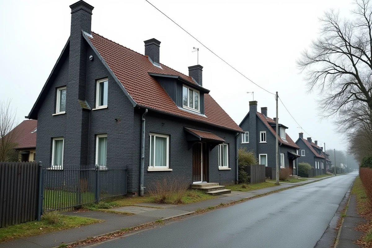 Vue extérieure d'une maison en mâchefer typique du nord de la France dans un quartier résidentiel pavillonnaire