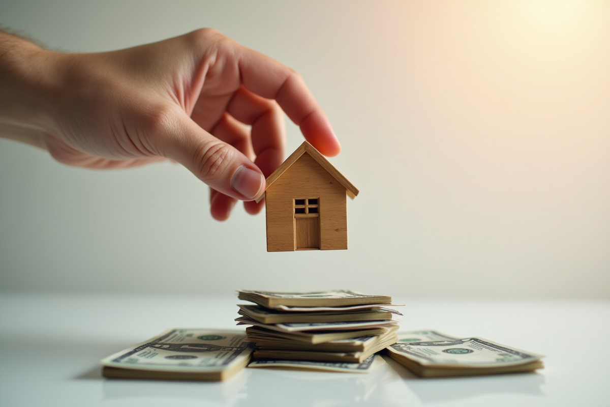 Main tenant une maison miniature au-dessus de billets de banque