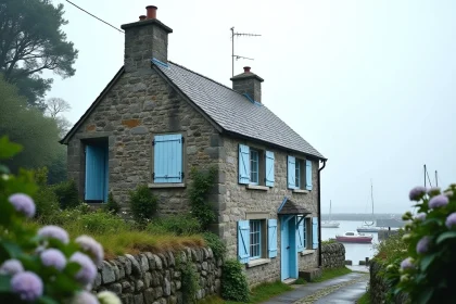 Maison de pêcheur en pierre de granit avec volets bleus et toit en ardoise dans un village côtier breton