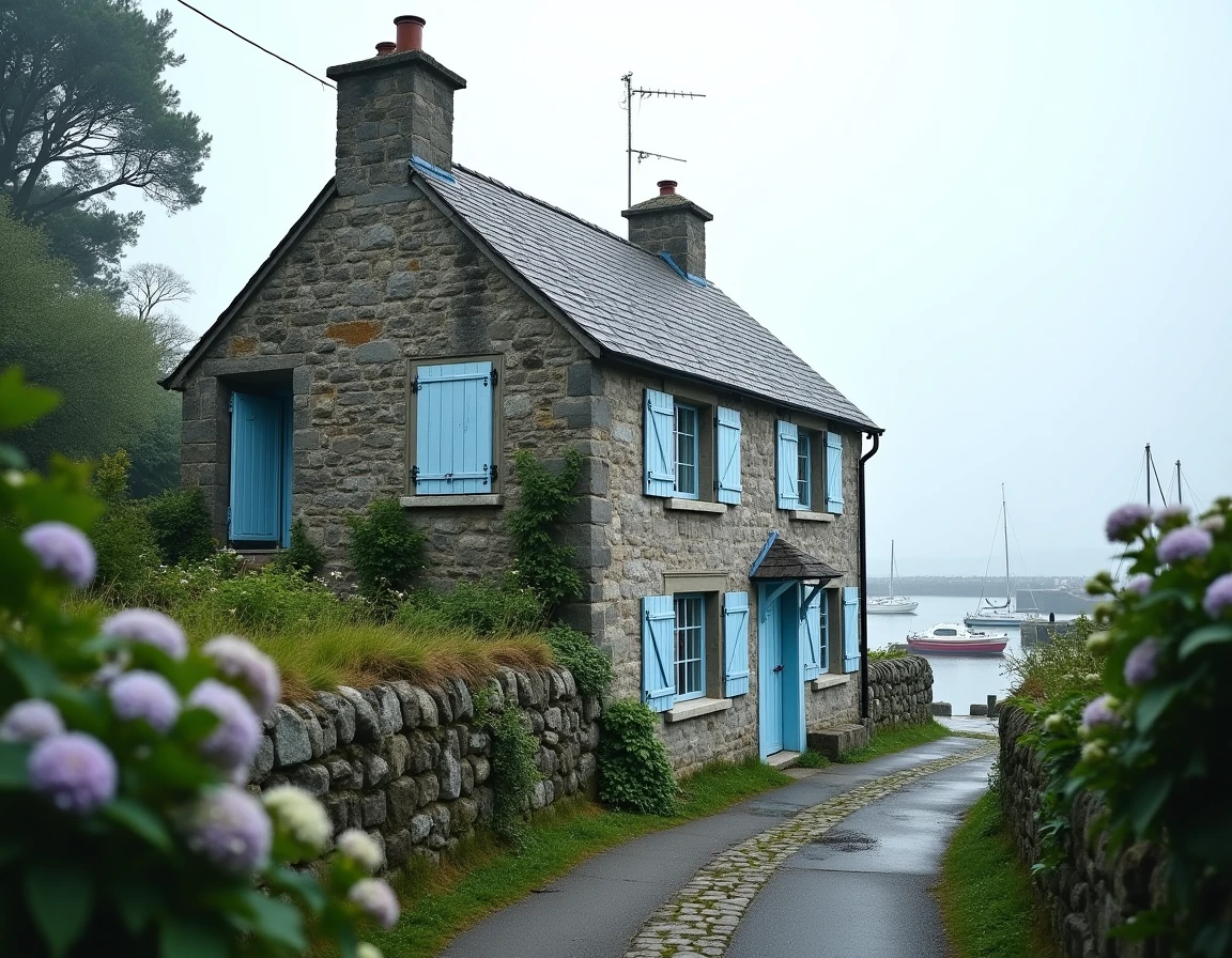 Maison de pêcheur en pierre de granit avec volets bleus et toit en ardoise dans un village côtier breton
