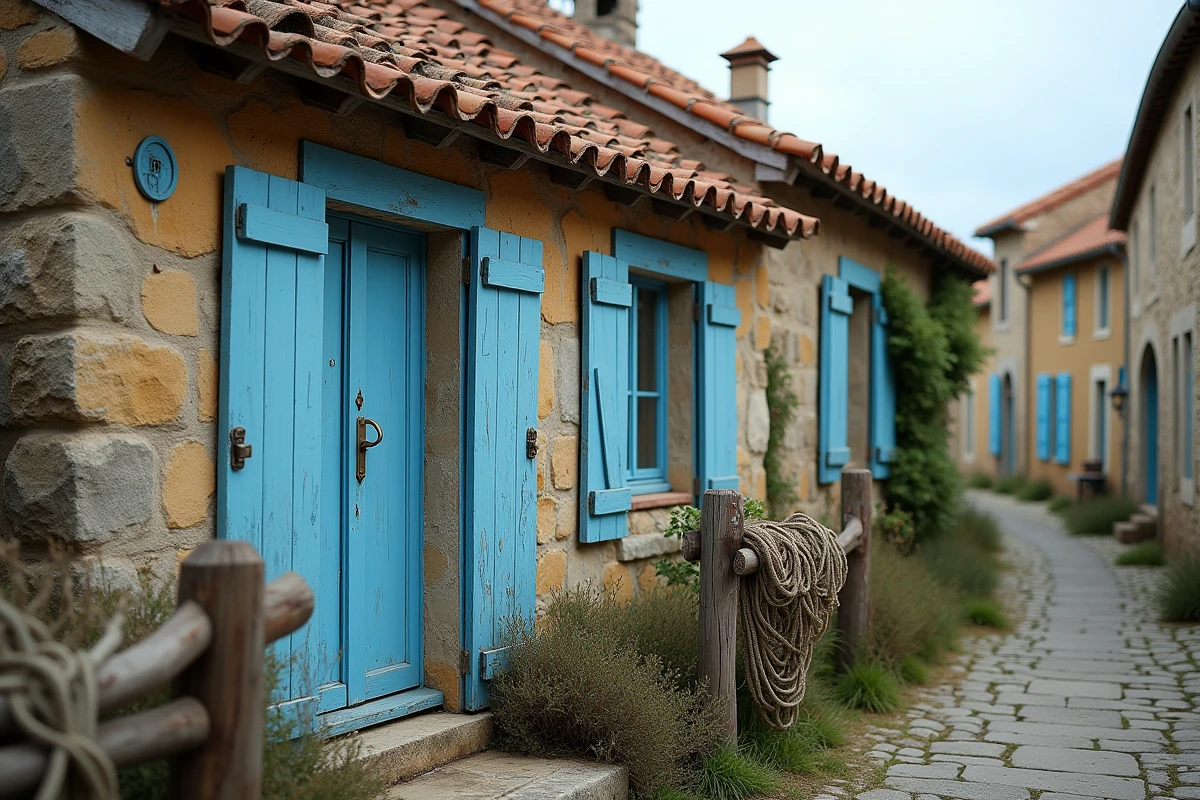 Maison de pêcheur en pierre avec volets bleus à vendre dans un village côtier de caractère