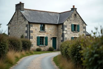 Façade d'une maison en pierre de granit bretonne avec volets en bois peints en vert foncé et chemin de gravier, sous un ciel nuageux typique de Bretagne