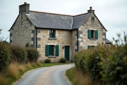 Façade d'une maison en pierre de granit bretonne avec volets en bois peints en vert foncé et chemin de gravier, sous un ciel nuageux typique de Bretagne