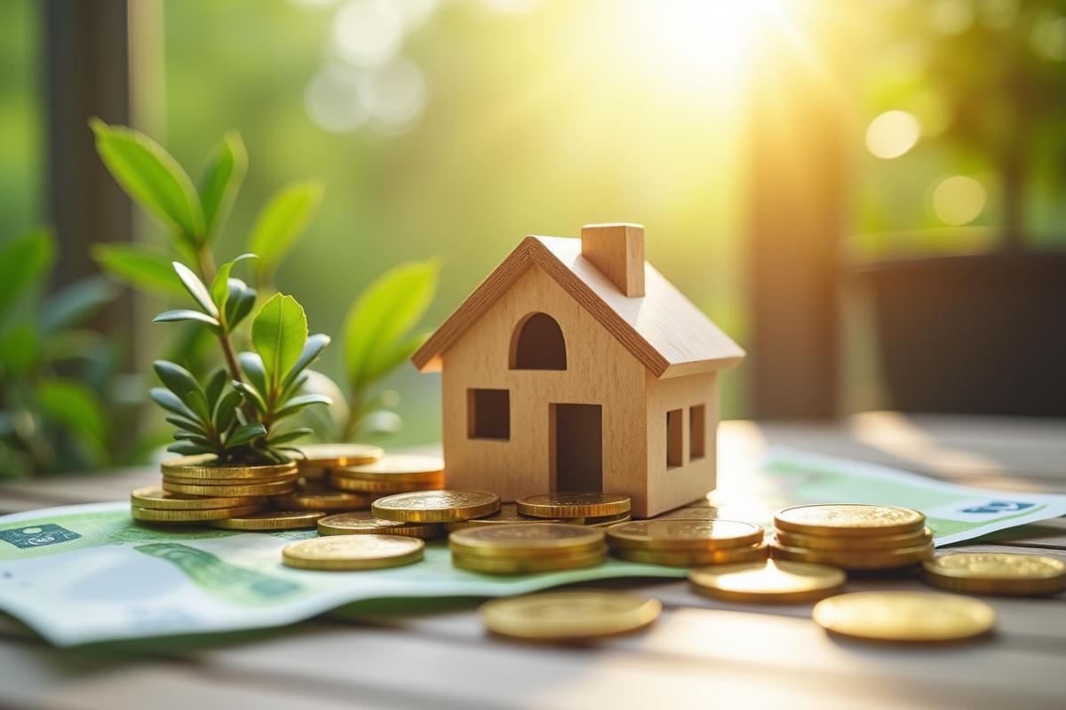 Modèle de maison en bois sur pièces et billets d euro