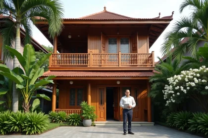 Maison traditionnelle thaïlandaise en teck à vendre à Bangkok avec jardin tropical et agent immobilier