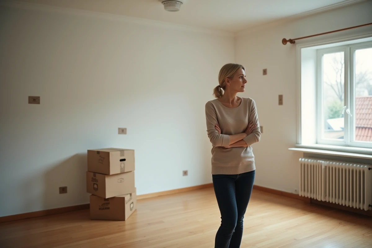 Femme seule dans une maison vide à vendre en Finistère, symbolisant une vente immobilière urgente suite à un divorce
