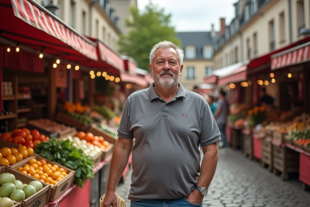 Marché traditionnel en plein air de Maisons-Laffitte avec étals de producteurs et habitant faisant ses courses